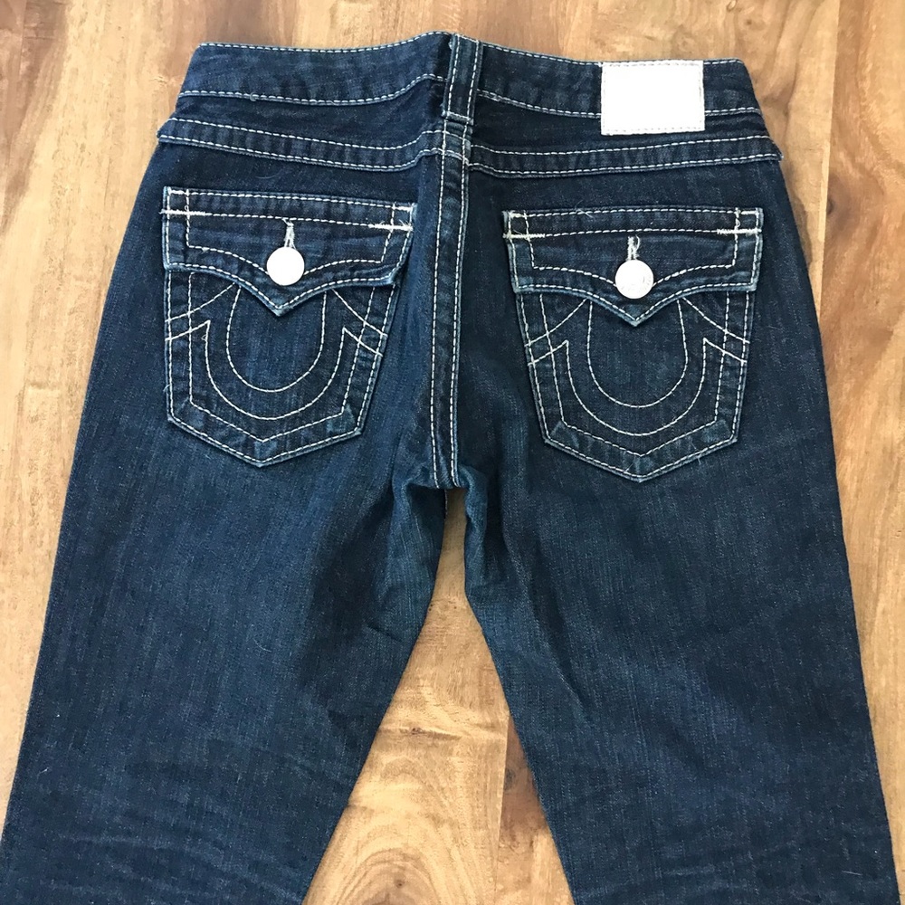 True religion dark denim metallic thread jeans 27
